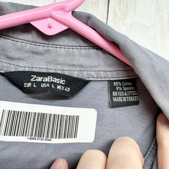 Zara Basic Button Down Men Size L Short Sleeve Blue Grey Collared Casual Cotton - Picture 2 of 3